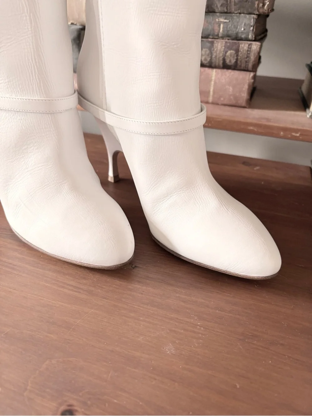 White Over-the-Knee Leather Boots with Low Heel